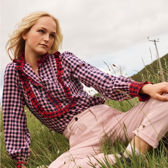 Boden Tops - Boden Isla Frill Detail Pink and Black Plaid Cotton Flannel Button Up Shirt